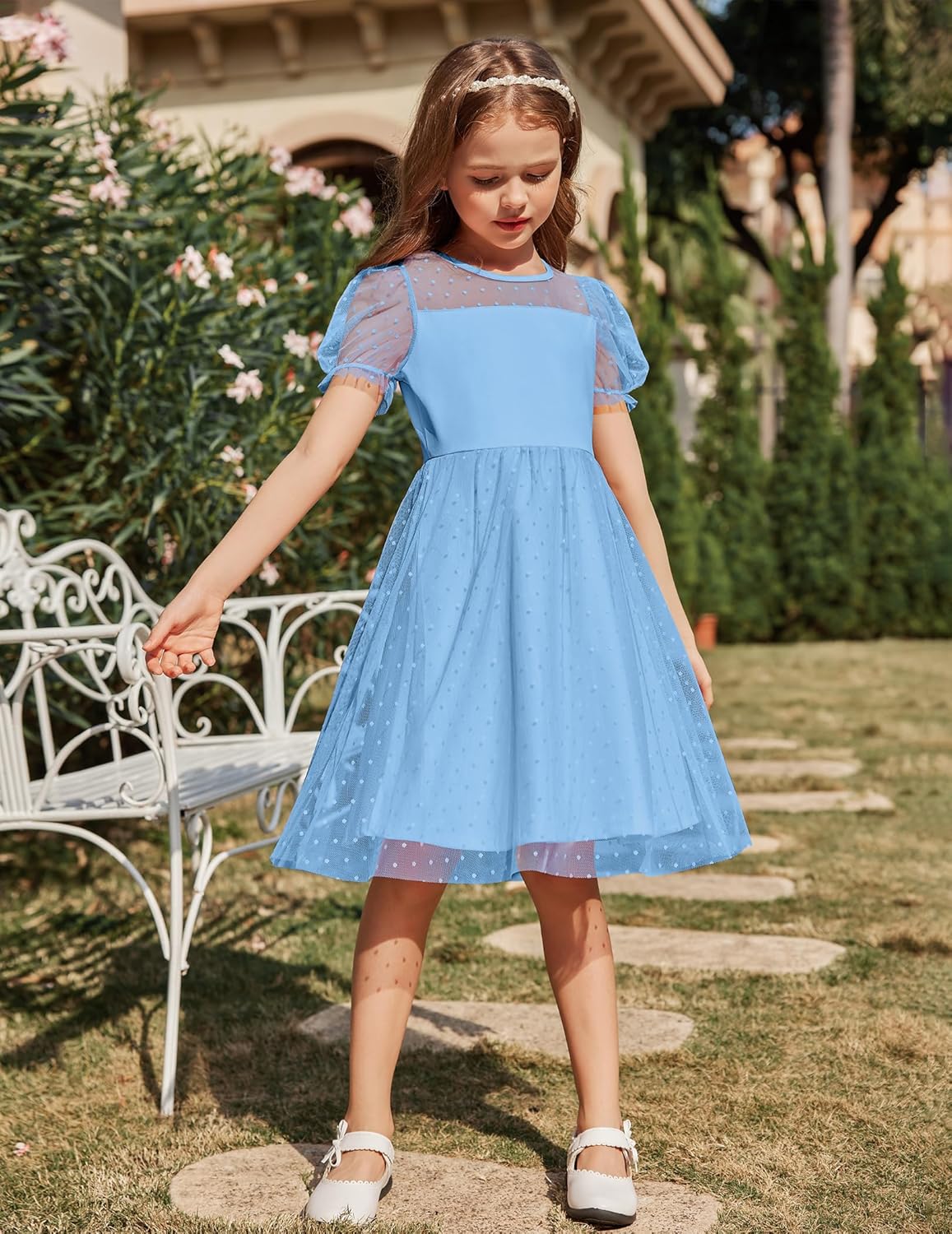 Arshiner Girls Dress Contrast Mesh Puffy Short Sleeve A Line Casual Party Dress 3-12 Years - Image 7