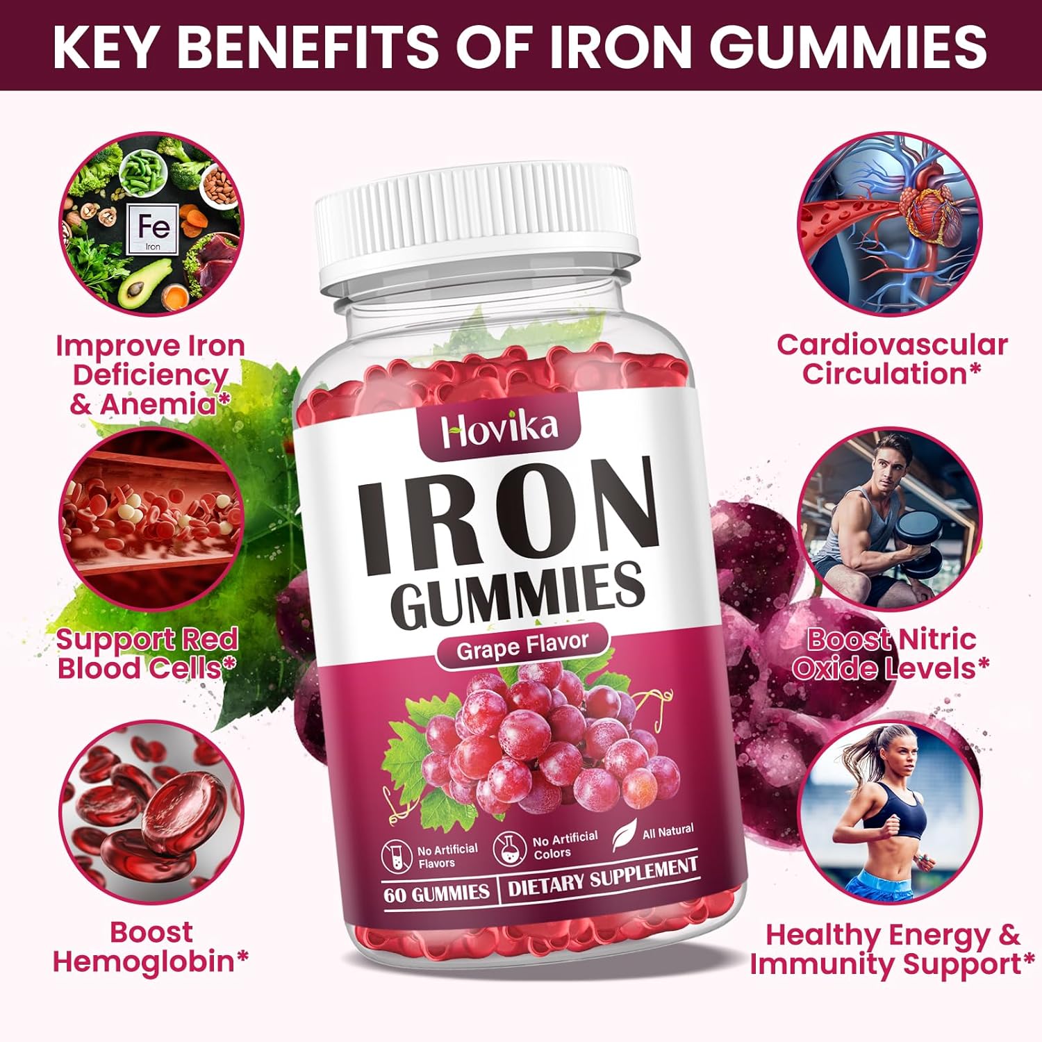 (2 Pack) Iron Gummies Supplement for Women & Men, Iron Supplements for Anemia with Vitamin C, B12, Folate-Blood Builder & Energy Support for Iron Deficiency - Grape Flavor, Vegan, 120 Gummies