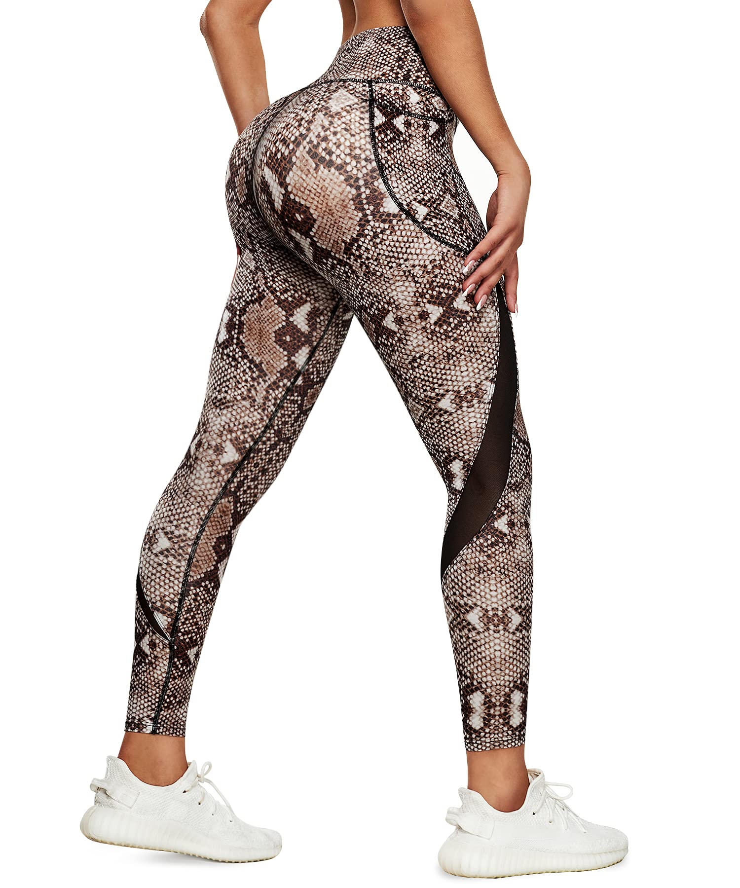 Mesh Leggings for Women High Waisted Yoga Pants Workout Running Printed Leggings Gym Sports Tights with Pockets