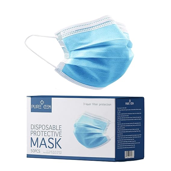 Premium Pack of 50 Single Use Disposable Face Mask, Effective Filtration, Soft on Skin, Bulk Pack 3-Ply Masks Facial Cover with Elastic Earloops For Home, Office, School, and Outdoors (50 Pack, Blue)