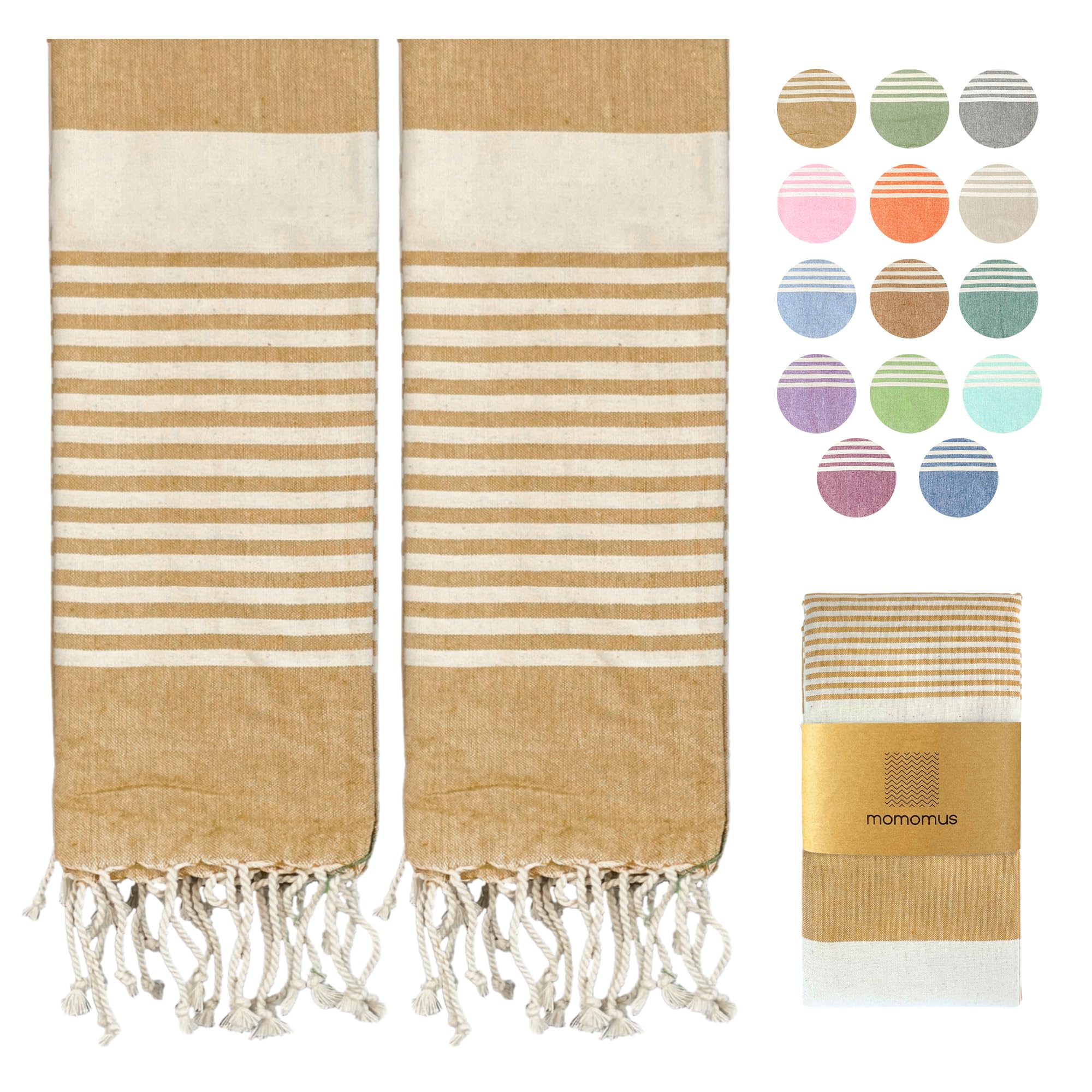 MOMOMUS Pack de 2 Foutas XL o Toallas de Playa Grandes de Algodón 100% - Absorbente, Ultrasuave, Compacta - Ideal como Pareo y Toalla para Sauna, SPA y Piscina - Mostaza, 90x180cm