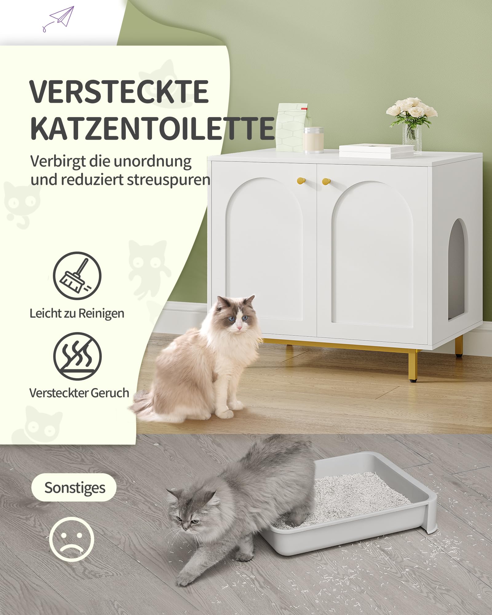 Hzuaneri Katzenschrank, Katzentoilette, Katzenklo Schrank, Katzenhaus mit Tür, Hölzerner Beistelltisch für das Haustierhaus, 80 x 50 x 70 cm, Stabile Katzenschrank, Weiß und Gold CB85003G