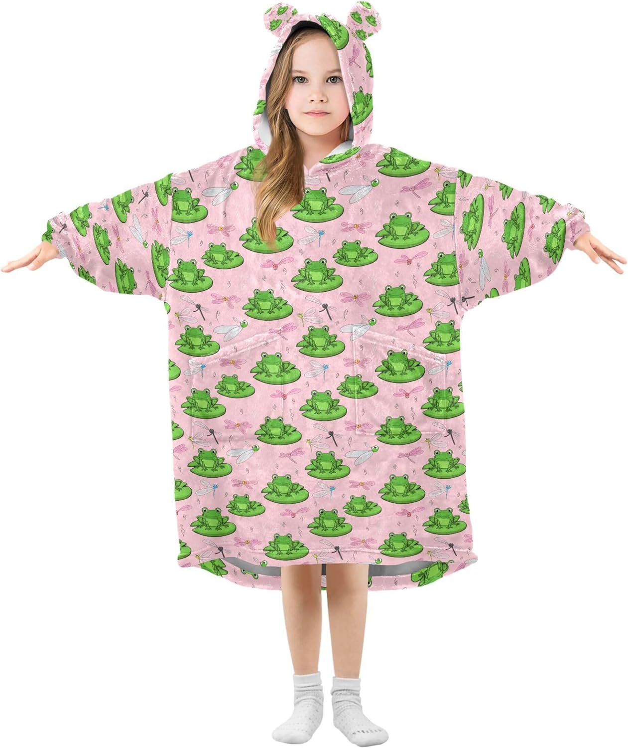 Cute Frog Kids Wearable Blanket Hoodie with Pocket and Sleeves for Toddlers, Cute Hoodies Girls Boys B0404127