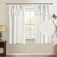 PrinceDeco Linen Curtains with Attached Valance for Living Room, Light Filtering Farmhouse Semi-Sheer Treatments Rod Pocket/Ring Top for Bedroom, 2 Panels Set W52xL63 Inch, White