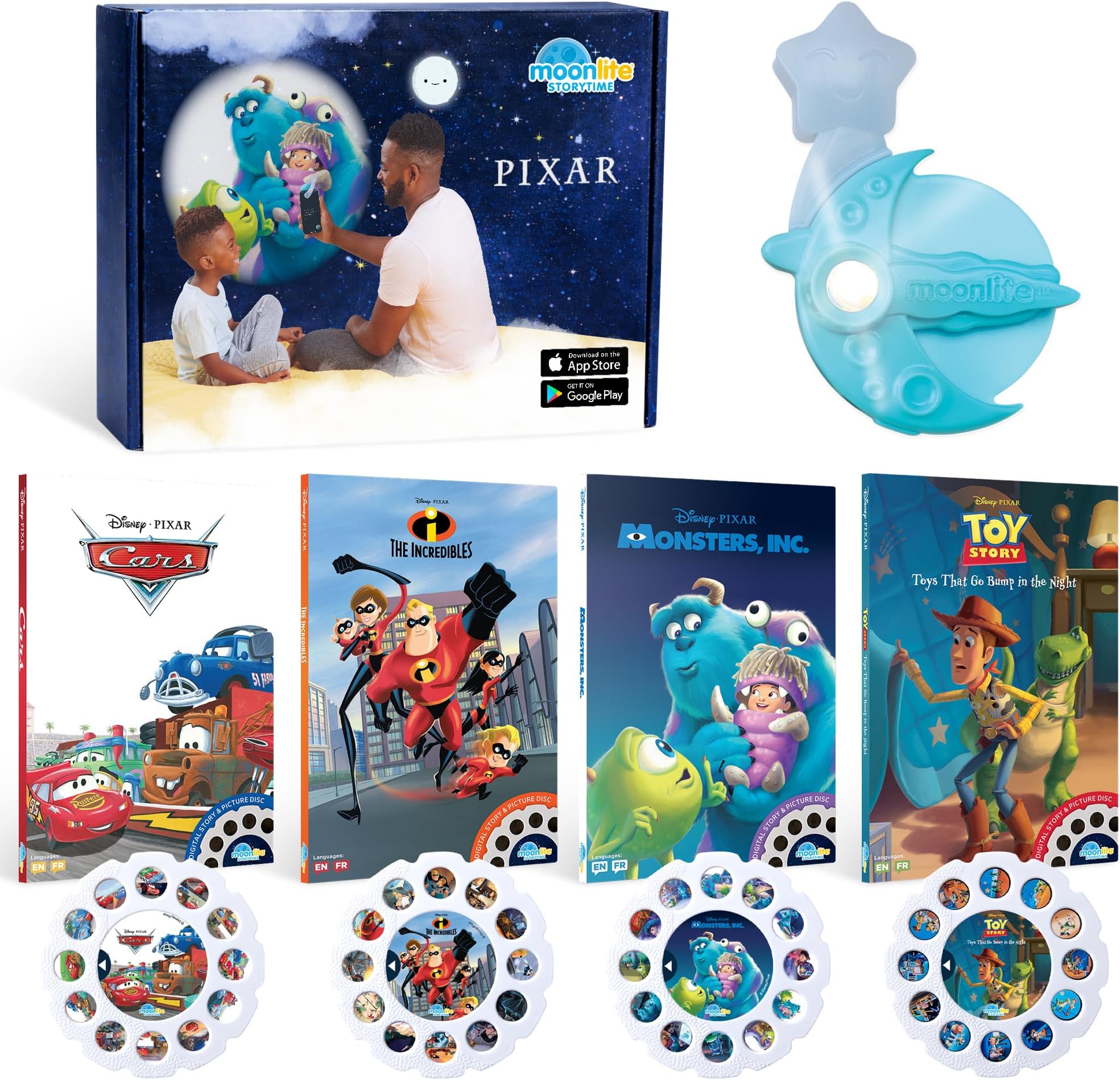 Storytime Starter Pack with Smartphone Projector, Picture Disc and Four Stories, Ideal for Bedtime, Storytime and Family Travel - Disney Pixar