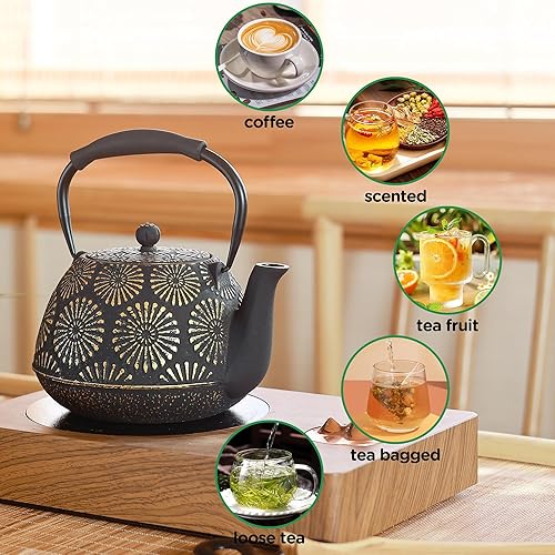 Miniatura 3 de Tetera de hierro fundido, hervidor de té de 40 onzas con infusor para estufa, tetera japonesa de diseño Sakura para hojas sueltas revestidas con
