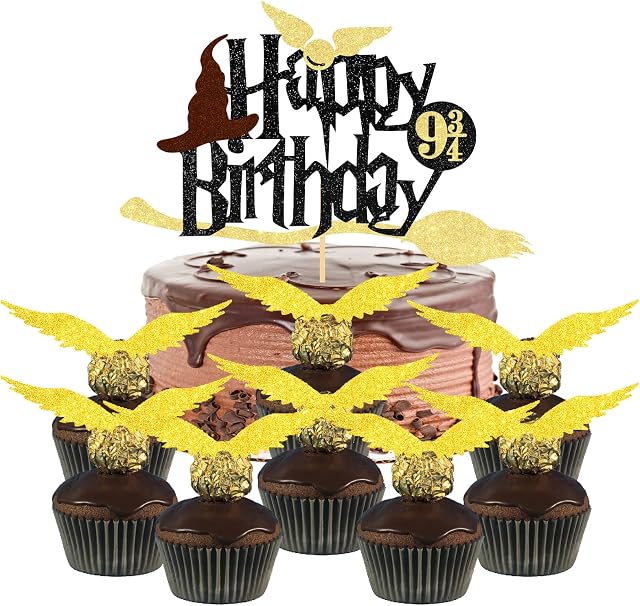 Magiczny czarodziejski topper na tort, złote skrzydła, dekoracja na babeczki, magiczna dekoracja Happy Birthday, dekoracja na imprezę urodzinową, czekoladę, ciasto, dekoracja