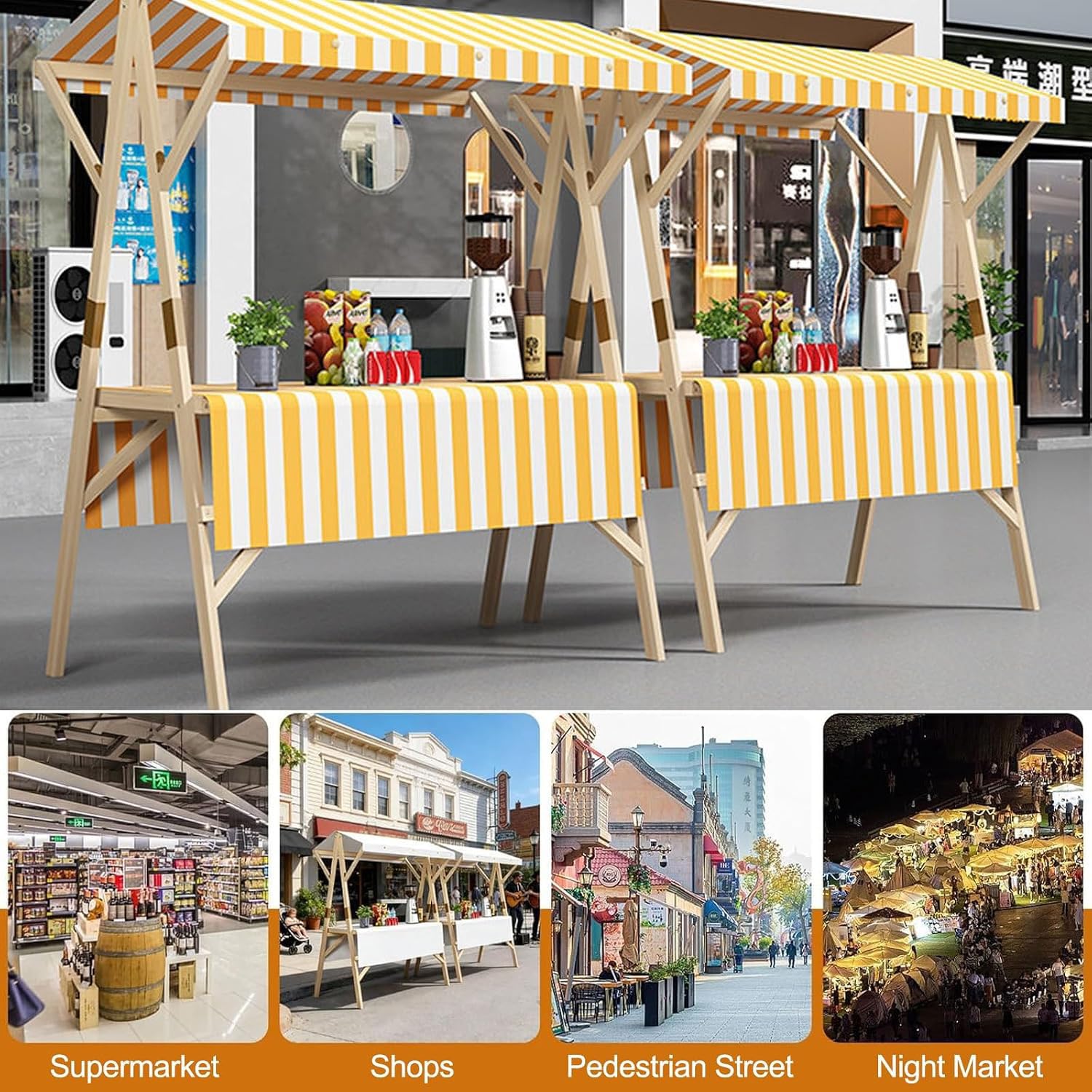 Carrello Venditore Bancarella Pieghevole, Carrello del Venditore di Cibo con Tettoia, Bancarella Commerciale in Legno per Centri Commerciali E Mercati Notturni,04,120cm/47.2in