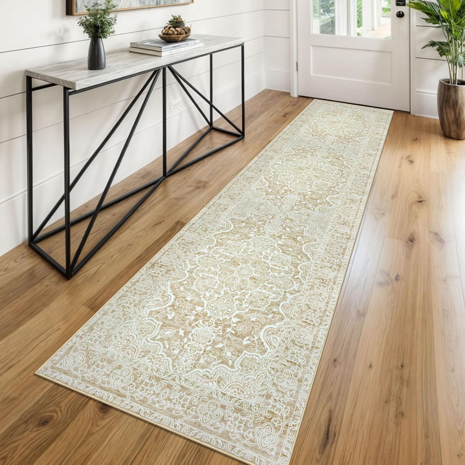 KUTA Hallways Runner Rug 2x8 Beige Yellow, Vintage Floral Kitchen Rugs Non-Slip Washable Ultra Soft Printed Retro Distressed Flower Carpet Entryway Runers for Bedroom Nursery Hallways