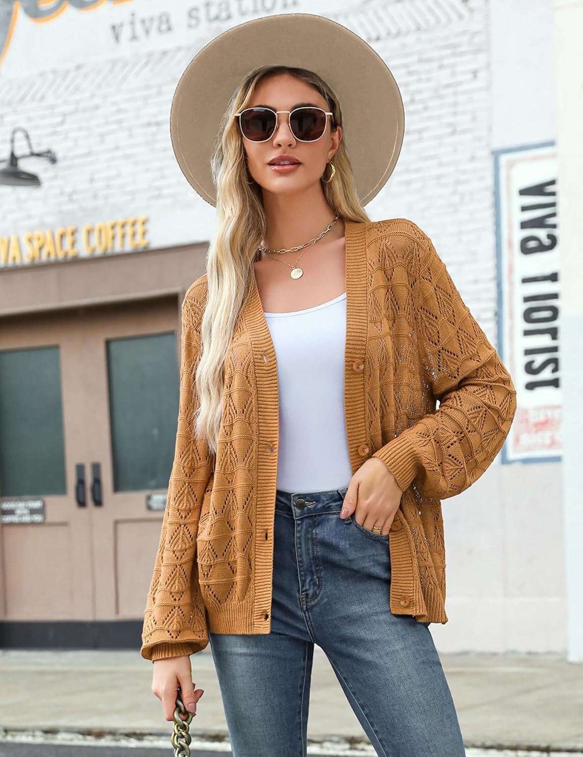 Zeagoo Women's Lightweight Crochet Cropped Cardigan 2026 V Neck Long Sleeve Button up Bolero Shrug Sweater - Image 2