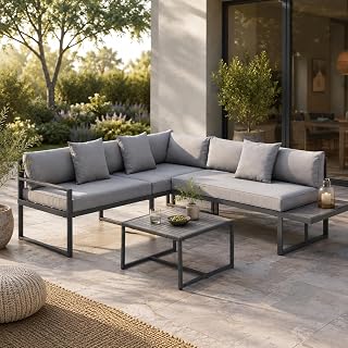 Juskys Gartenmöbel Lounge St. Tropez - 4 Personen Sitzecke - Set mit Tisch, Ecksofa & Kissen - Möbel für Balkon & Garten - Holz Balkonmöbel Grau