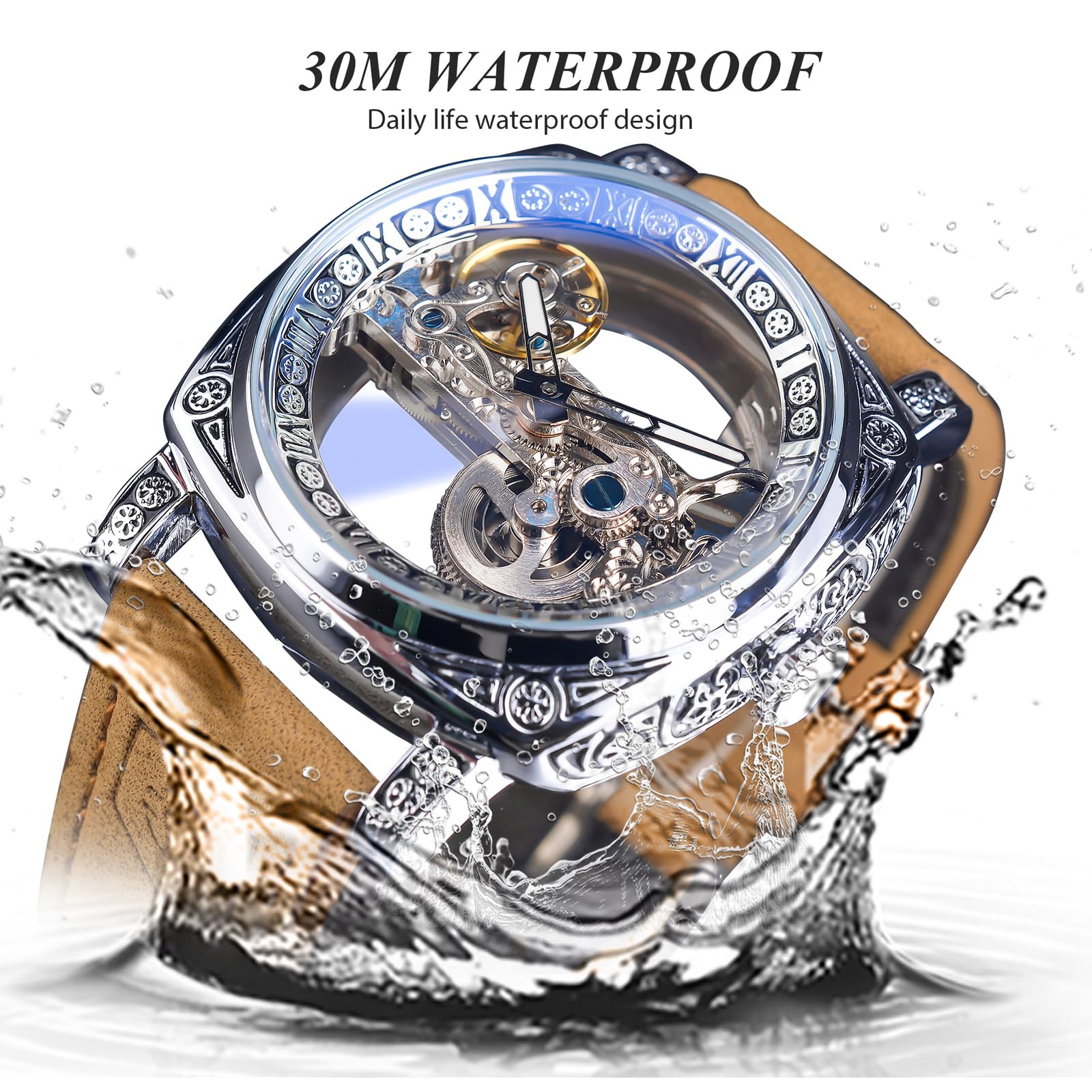 Herren-Armbanduhr, klassisch, modisch, transparent, quadratisches Zifferblatt, Skelett, mechanische Armbanduhr, Lederband, leger, Automatikuhren, leuchtend, wasserdicht
