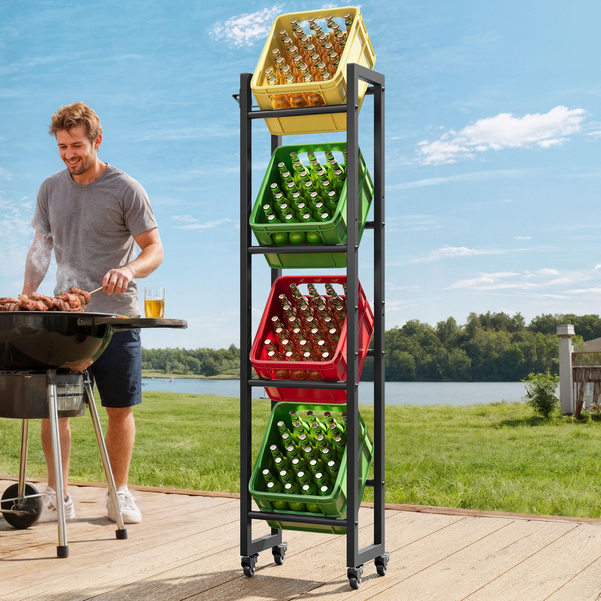 YITAHOME getränkekistenregal schmal mit rollen 4 kisten, verstellbaren füße, Öffner, Metall Kistenregal mit 4 Ebenen für Bier, Obst, Gemüse, Wasser, getränkeregal kisten regal