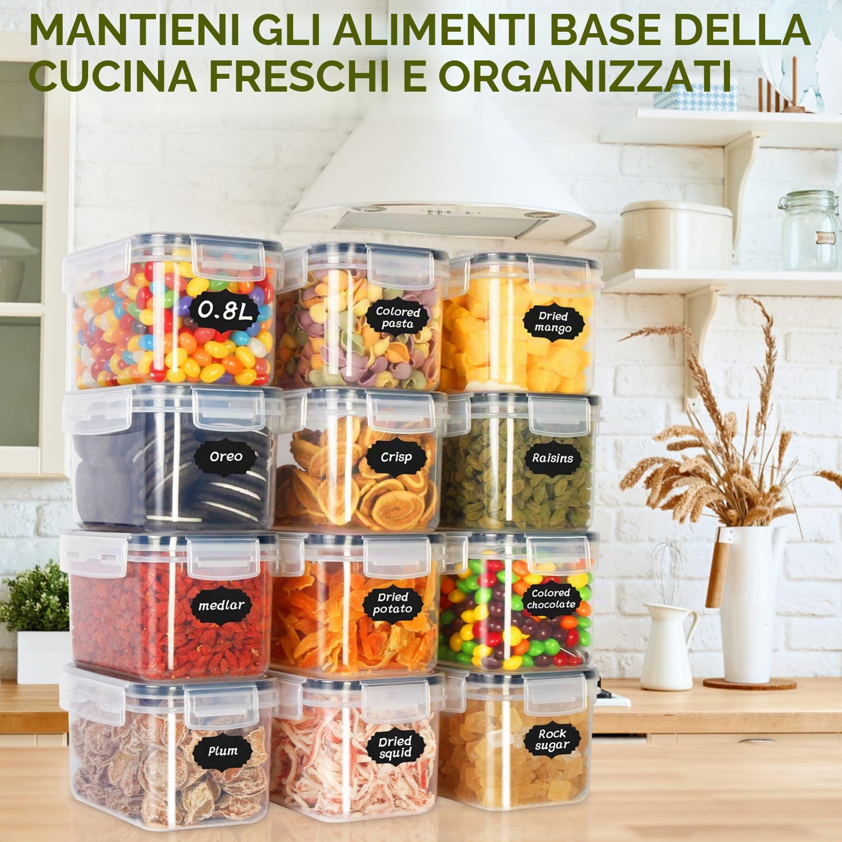 Cinnani 0.8L Contenitori Ermetici per Alimenti 12 Pezzi, Contenitori Plastica Cucina Organizer con Coperchio, Senza BPA Organizer Cucina per la Conservazione di Pasta, Cereali, Muesli, Farina