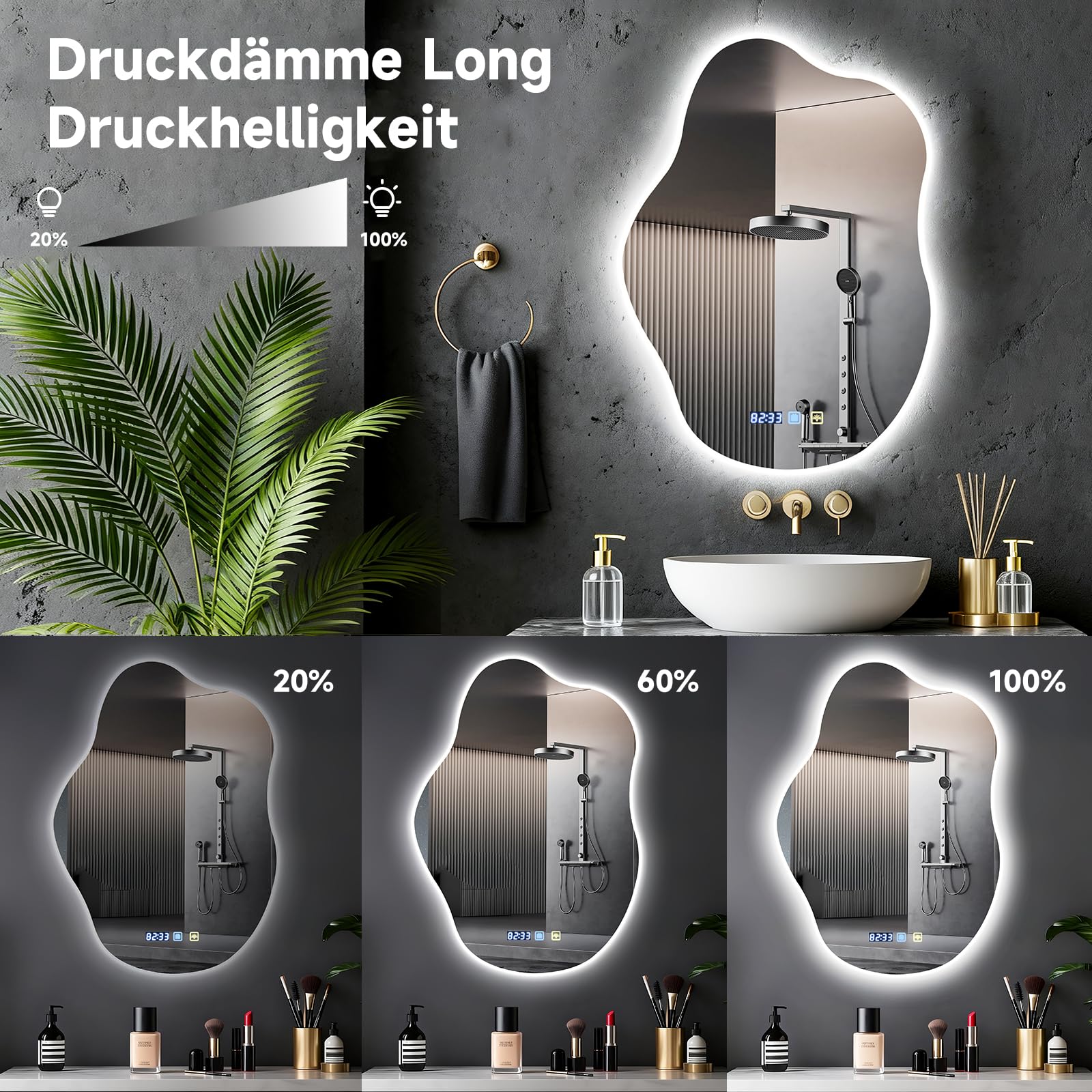 Wandspiegel mit Beleuchtung, 70x50cm LED Badezimmerspiegel, Cloud-Design mit 3-Farben Licht & Zeitdisplay, Anti-Beschlag, Dimmbares Smart Lighting für Wandmontage im Bad