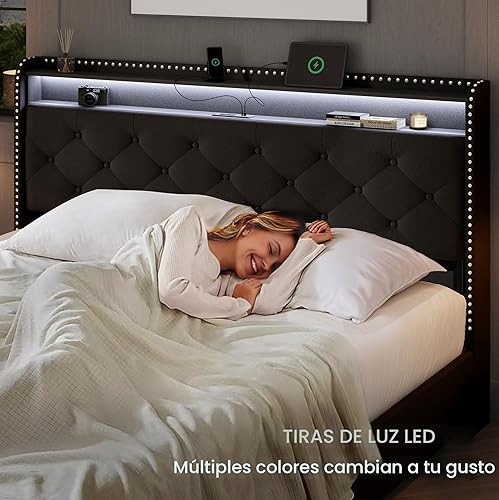 Miniatura 6 de LARMACE Base de cama tamaño King con 4 cajones de almacenamiento, base de cama tapizada de terciopelo, plataforma King con luces LED y estación de