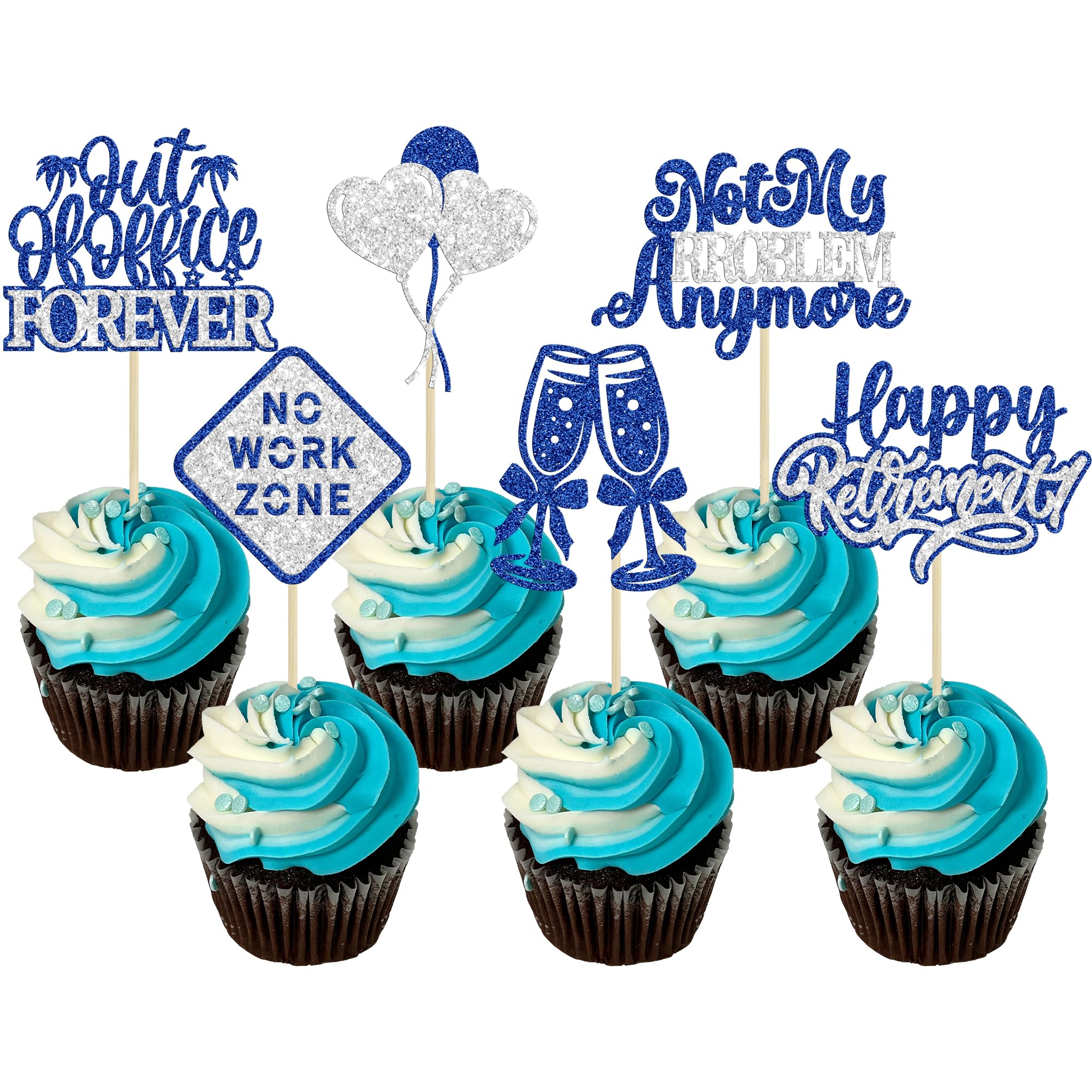 Gyufise 24Pcs Happy Retirement Cupcake Toppers Glitter Officially Retired Cupcake Picks No Work Zone Retirement Party Decorations for Farewell Birthday Party Supplies Blue Silver