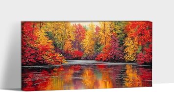 TEPAKIHI Autumn Canvas Wall Art Fall Landscape Painting Nature Forest Lake Pictures Rustic Decor Artwork for Living Room Bedroom Home 48L x 24W