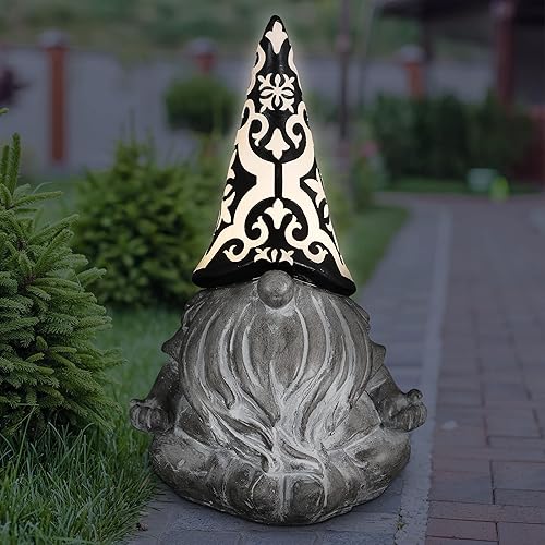 Exhart Gnomo de jardín, escultura de estatua de jardín gris meditación solar, sombrero de filigrana LED, decoración de césped y patio al aire libre,