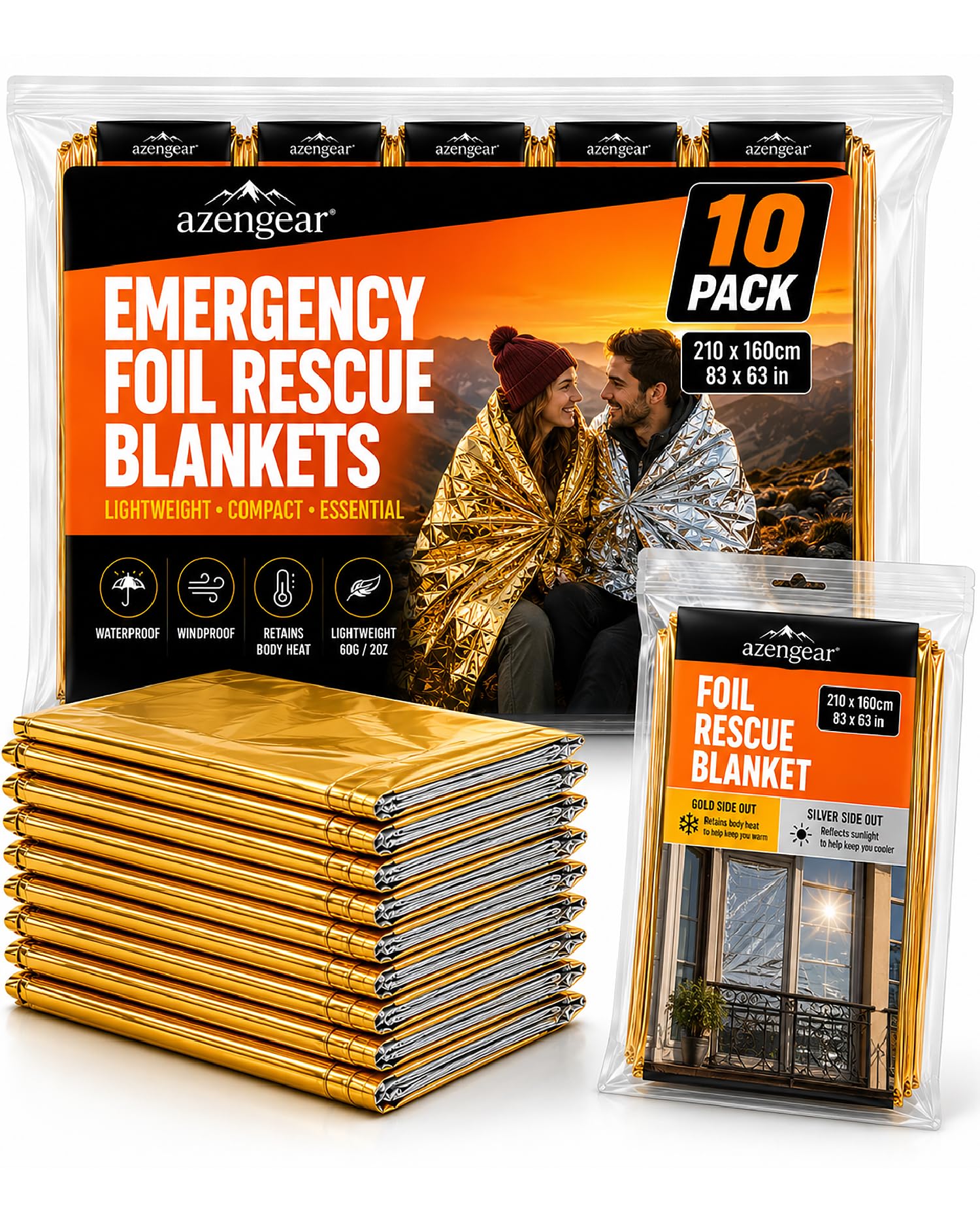 Emergency Rescue Foil Blankets (10 Pack), Thermal Mylar, Waterproof