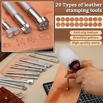 QMNNMA Leather Stamping Tools, Leather Stamps Kit with Wood Burning Kit | Leather Carving Set, Leather Embossing Kit for Beginners with Wood Burning Kit, Stamp Punch Set and Adjustable Swivel Knife