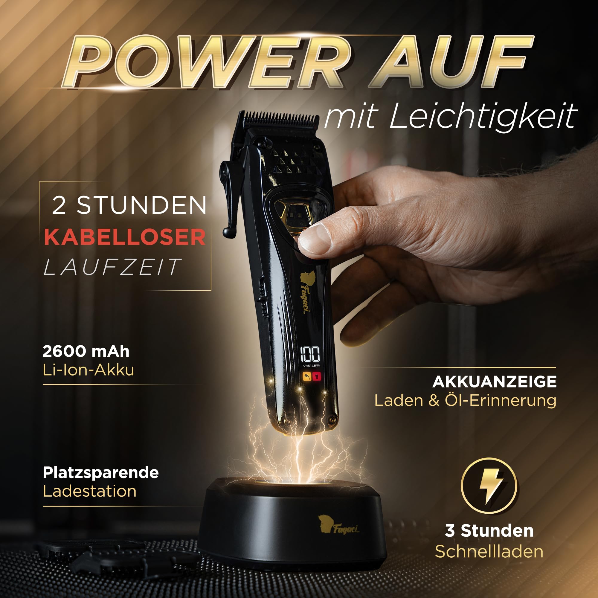 Fagaci Haarschneidemaschine Profi, DLC Klingen, Vektormotor 12000 RPM | Vektormotor, 12.000 RPM, 2x Lebensdauer, DLC-beschichtete Klingen, extreme Härte, Kühler, präziser Schnitt ohne Reizung