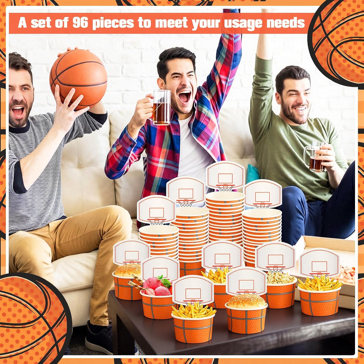 Sunnyray 48 Sets Basketball Hoop Snack Cups with Cards 8 oz Disposable Paper Basketball Party Cups Sports Balls Treat Food Bowls for Balls Birthday Party Favors Decorations Supplies