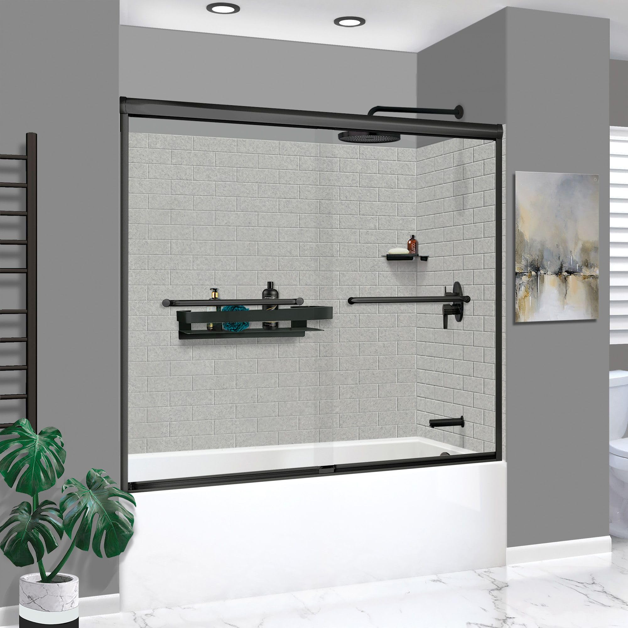 Transolid KTAFS603660R-27MB 60-in x 36-in x 80-in 7-Piece Glue-on Saramar Shower/Tub Kit with Door Faucet and Accessories, Grey Beach/Matte Black