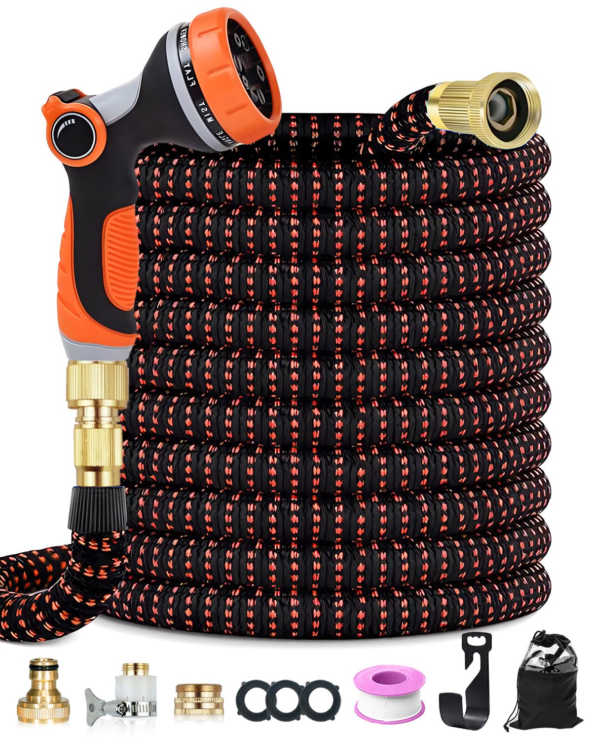 Garden Hose Pipe, 30M/100FT Expandable Garden Hose, 10 Spray Mode Hosepipe for Garden, 4 Layer Latex, 3/4"&1/2" Metal Connectors, Hands-Free Spray Gun, Flexible & No-Leak Water Hose, Orange