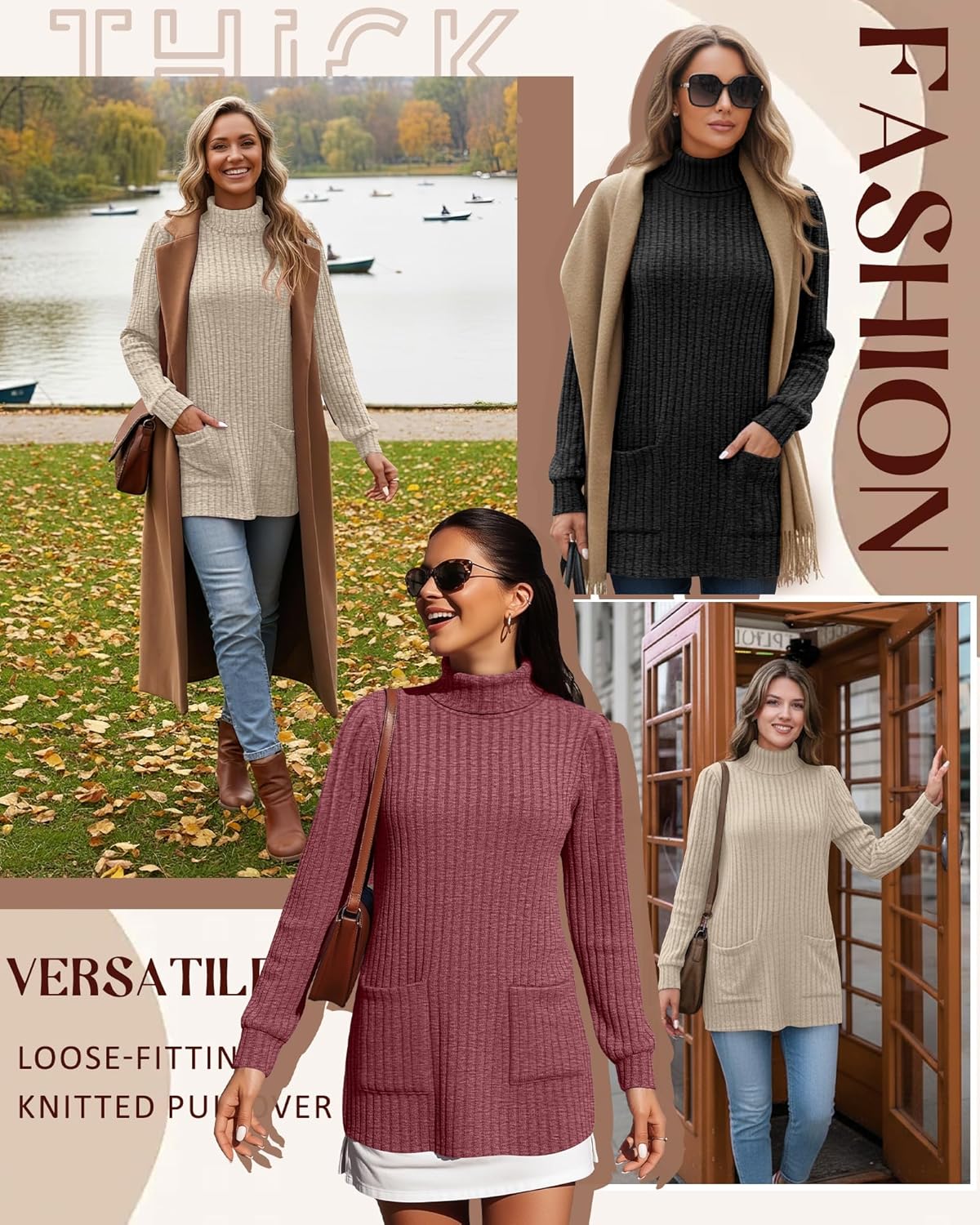 3 Pack Women's Turtleneck Long Sleeve Sweaters, Puff Ribbed Knit Sweaters Pullover Casual Tunic Tops with Pockets - Image 2