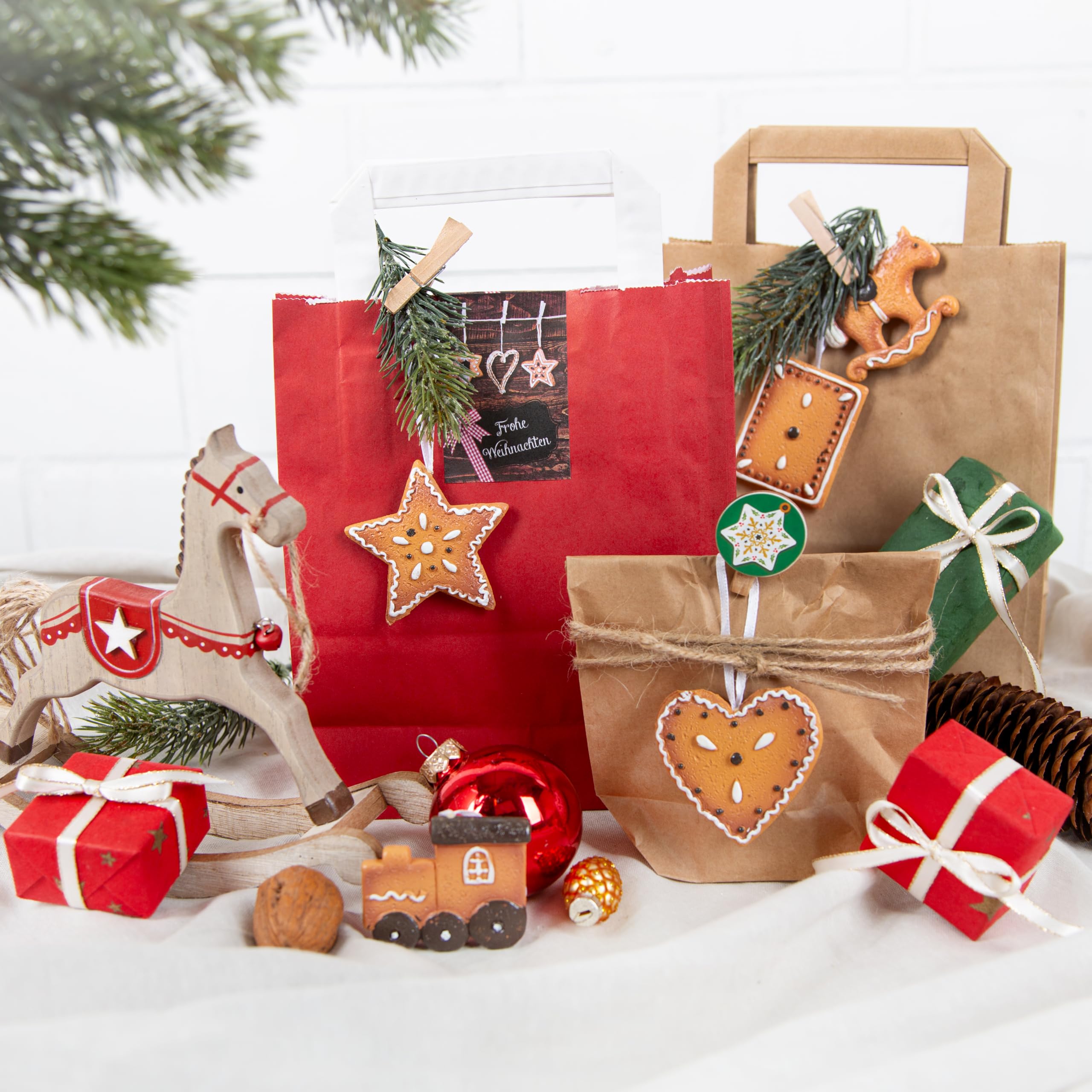Borse carta rosse con manici, 100 pezzi: sacchetti kraft regalo con fondo rinforzato, buste grandi per confezioni fai da te, imballaggio creativo alimenti, confezione bomboniere, 18 x 8 x 22 cm
