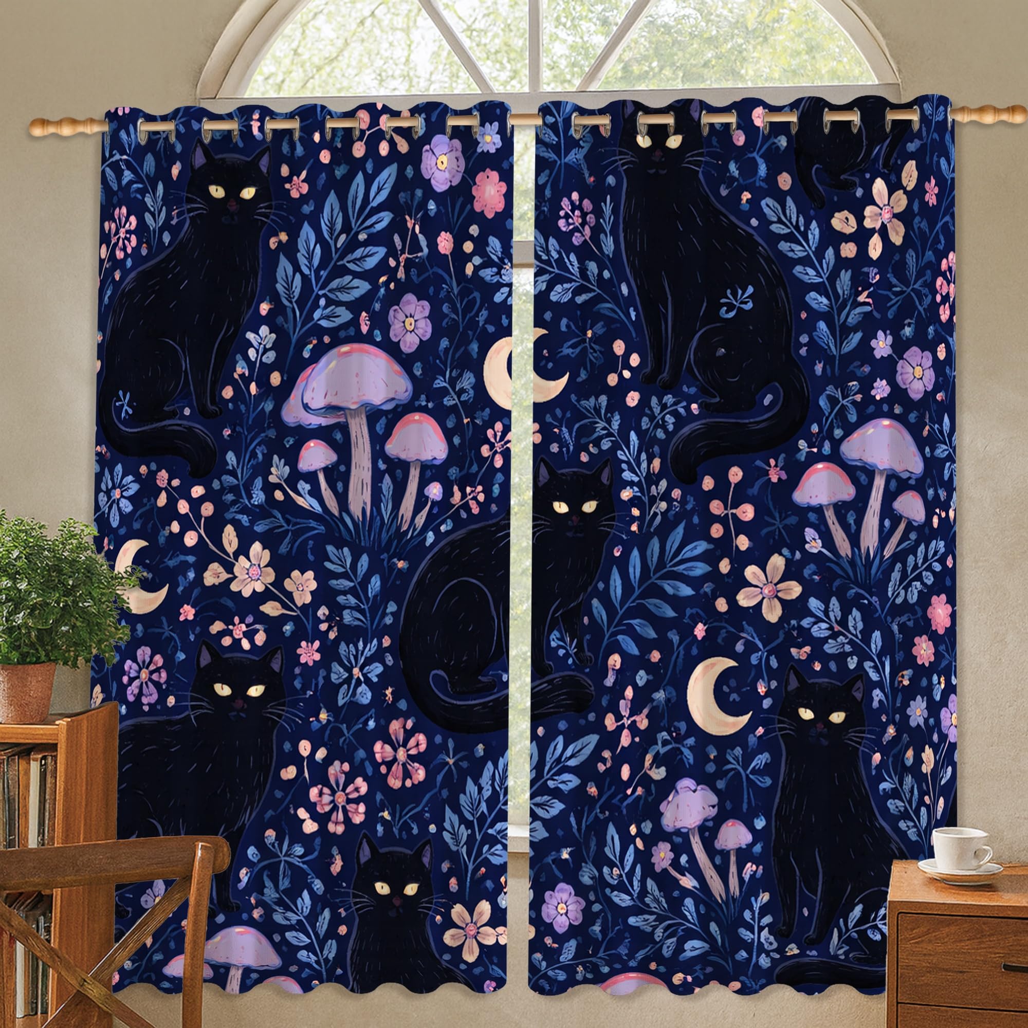 Rideaux occultants lavable en machine imprimé chat et fleur bleu