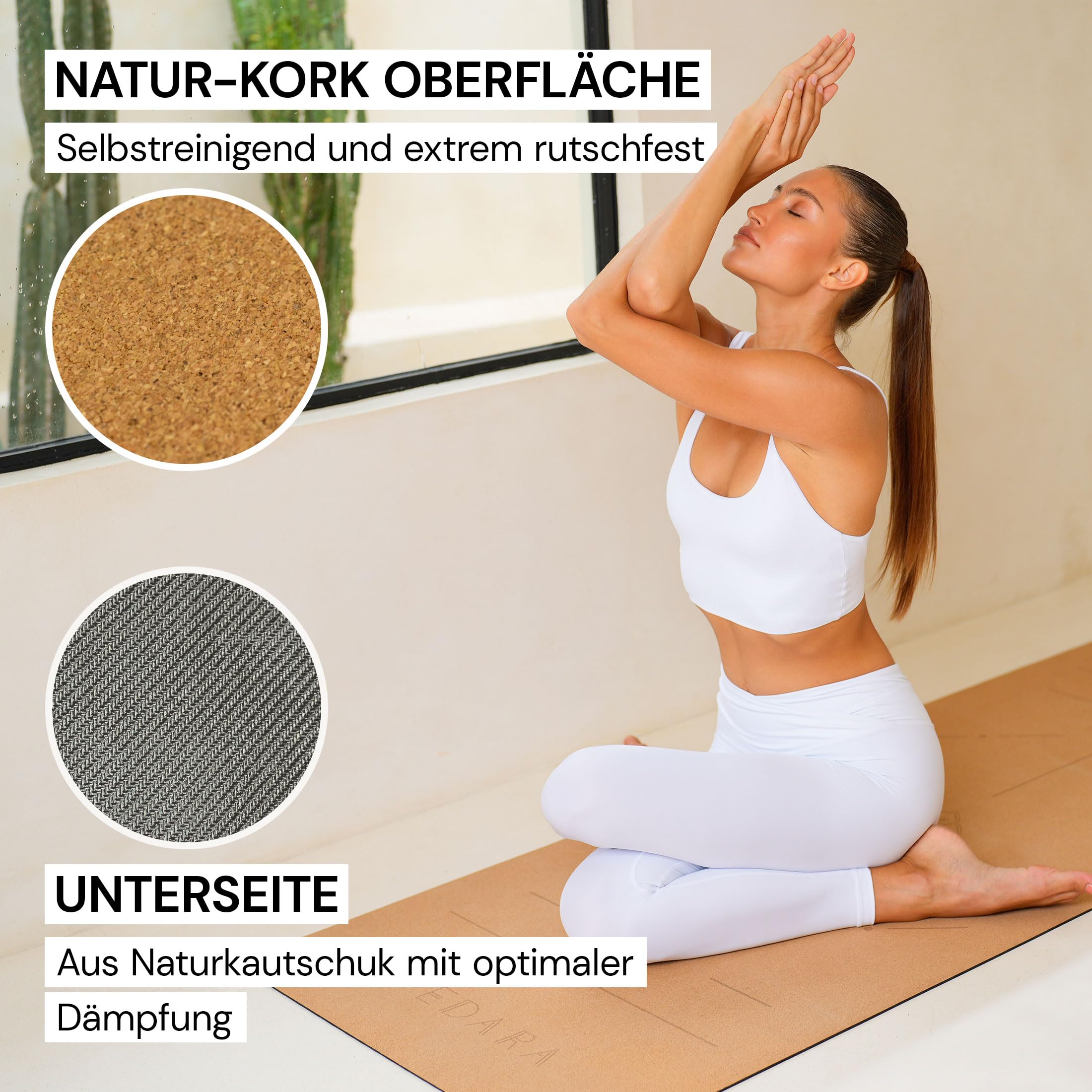 VEDARA® Kork Yogamatte – 66-80 cm breit – Extrem Rutschfeste Oberfläche – Mit Hilfslinien – Aus Kork & Naturkautschuk – Optimale Dämpfung