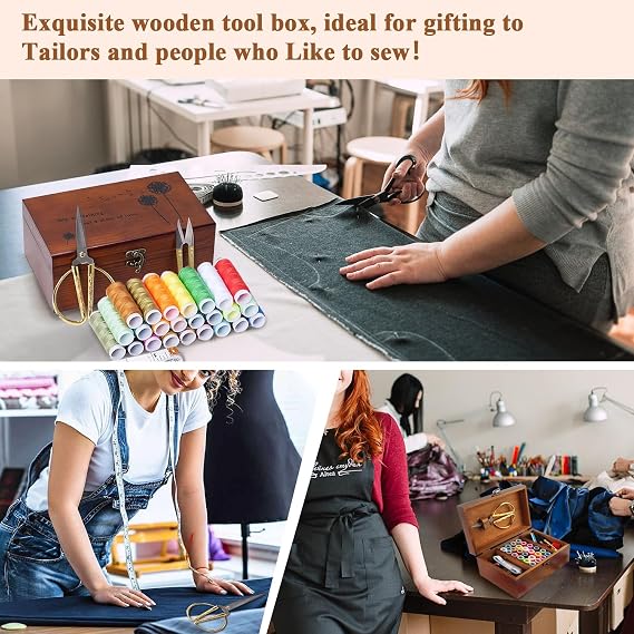 Wooden Sewing Box with Sewing Kit Accessories Organize Box with Needle Thimble Pin Cushion Button for Travel, Camping, Home DIY