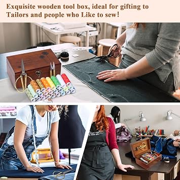 Wooden Sewing Box with Sewing Kit Accessories Organize Box with Needle Thimble Pin Cushion Button for Travel, Camping, Home DIY