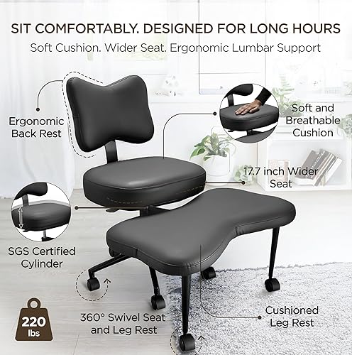 Miniatura 3 de Silla de meditación con patas cruzadas, silla de oficina para adultos con ruedas, soporte ergonómico para la espalda y reposapiernas para múltiples