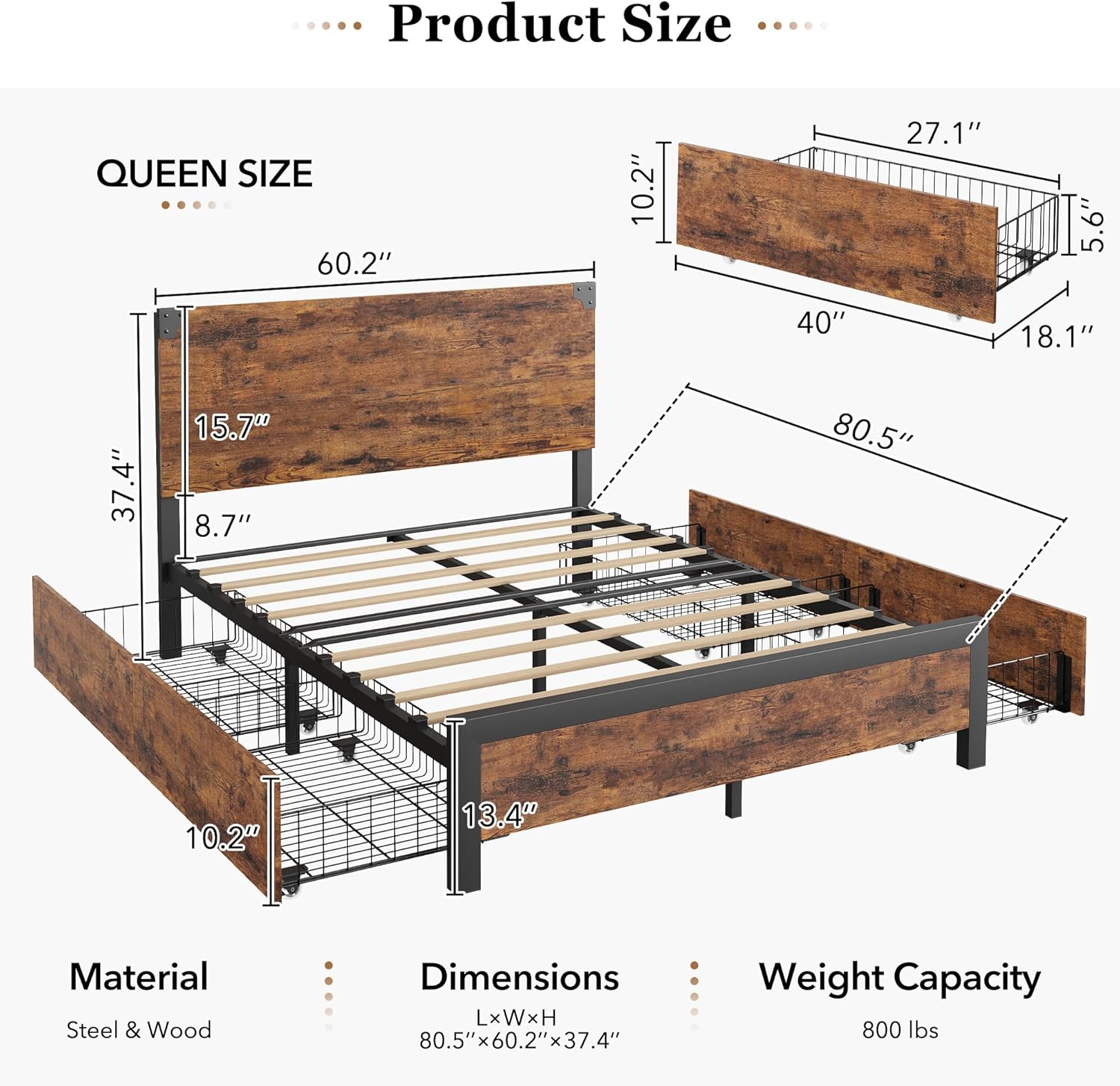 IDEALHOUSE Queen Bed Frame with Storage, 4 Drawers and Heavy Duty Strong Metal Support Bed Frame Queen Size with Wooden Headboard and Footboard, No Box Spring Needed, Easy Assembly, Vintage Brown