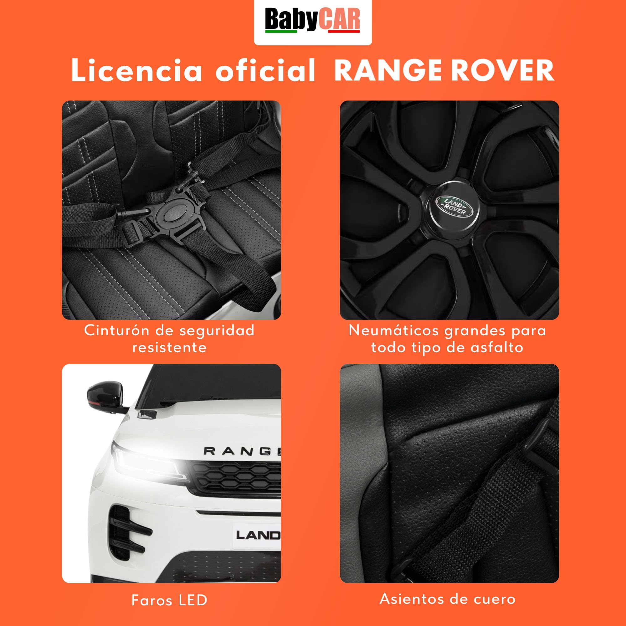 BabyCar Range Rover | Coche electrico para niños 12V con 2 Motores 35W | Coche Bateria con Mando Niño, Asiento de Piel, Puertas abatibles, MP4/USB | Licencia Oficial | Blanco