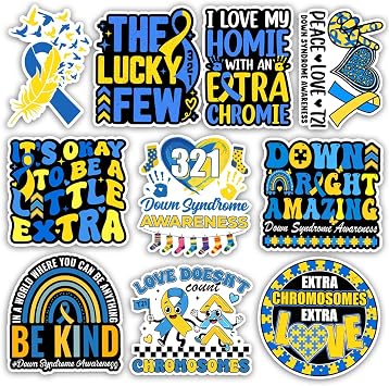 TODOLIA 10Pcs-3in Down Syndrome Awareness Sticker Pack, Down Syndrome Ribbon Sticker, Rock Your Socks World DS Awareness Gift, Decoration for Laptop Tablet Office Home Helmet Car Truck Vehicles
