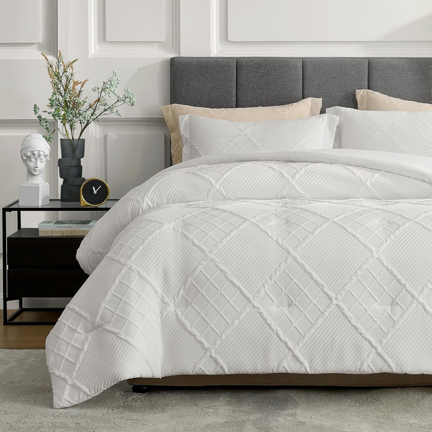 Amélie Home Queen Comforter Set, 3 Piece White Jacquard Bedding Set with 2 Pillow Cases, Soft Microfiber Diamond Design, Lightweight All-Season for Bedroom & Dorm - Image 9