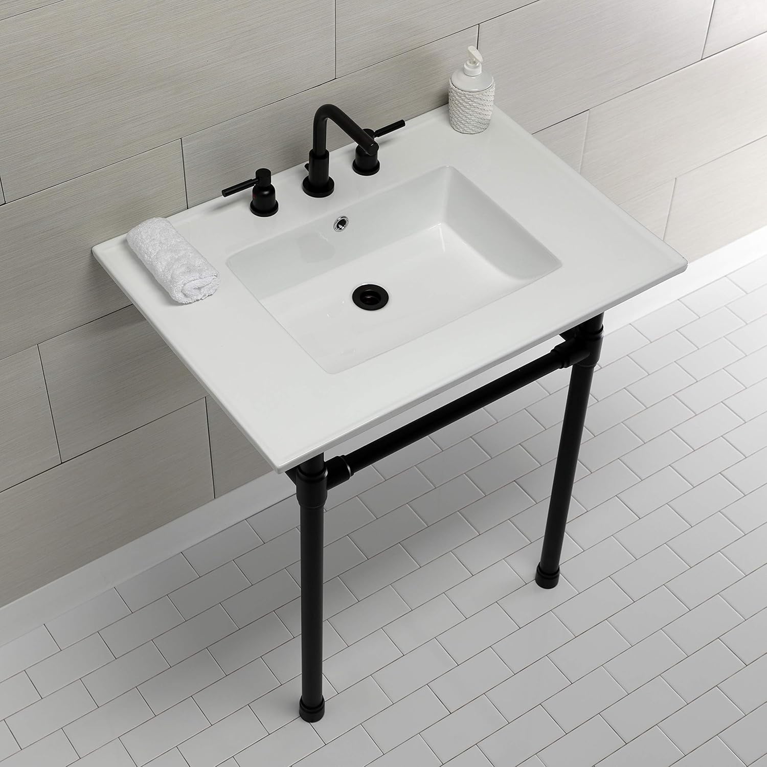 Kingston Brass KVPB31227W80 Dreyfuss 31" Console Sink with Stainless Steel Legs (8-Inch, 3 Hole), White/Matte Black