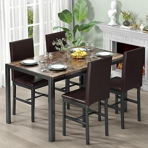 Miniatura 2 de Recaceik Juego de mesa de comedor para 4 mesas y sillas de cocina, mesa de comedor de mármol sintético con 4 juegos de cuero sintético para comedor,