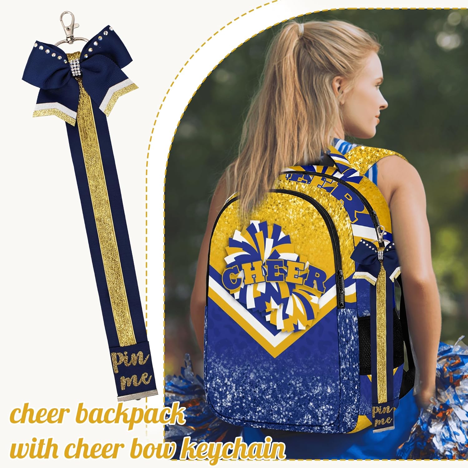 Cheer Backpack with Cheer Keychain, Pin Strap for Cheerleading Backpack, Cheerleaders Gift Bags for Team Women (Gold Navy) - Image 5