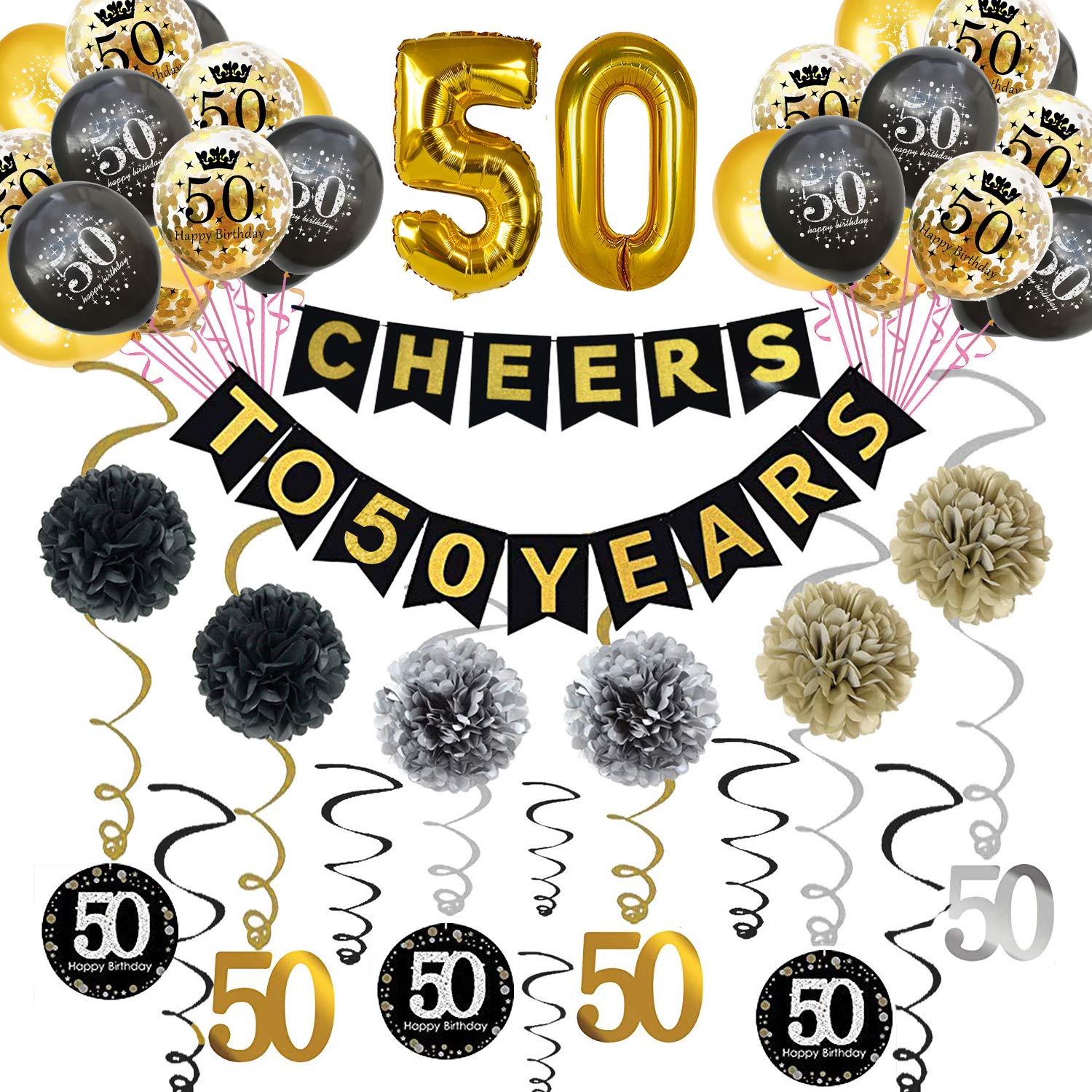 Trgowaul 50th Birthday Party Decorations Kit- Gold Glittery Cheers to 50 Years Banner, Poms, 6Pcs Sparkling 50 Hanging Swirl, 1 Gold Number Balloon and 15 Confetti Balloons(Black, Golden) for 50th Birthday Decorations 50 Years Old Party Supplies