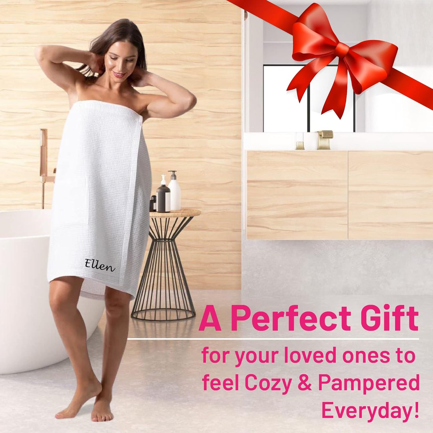 Personalized Passion Spa Towel Wrap for Women - Super Soft and Highly Absorbent Waffle Body Wrap - Customized Bath Body Cover with Embroidered Name - White - S-M