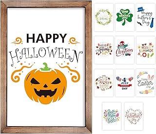 Farmhouse Wall Decor Sign with 12 Interchangeable Seasonal Sayings for Home Decor, Rustic Wood Picture Frame Gifts Home Li...