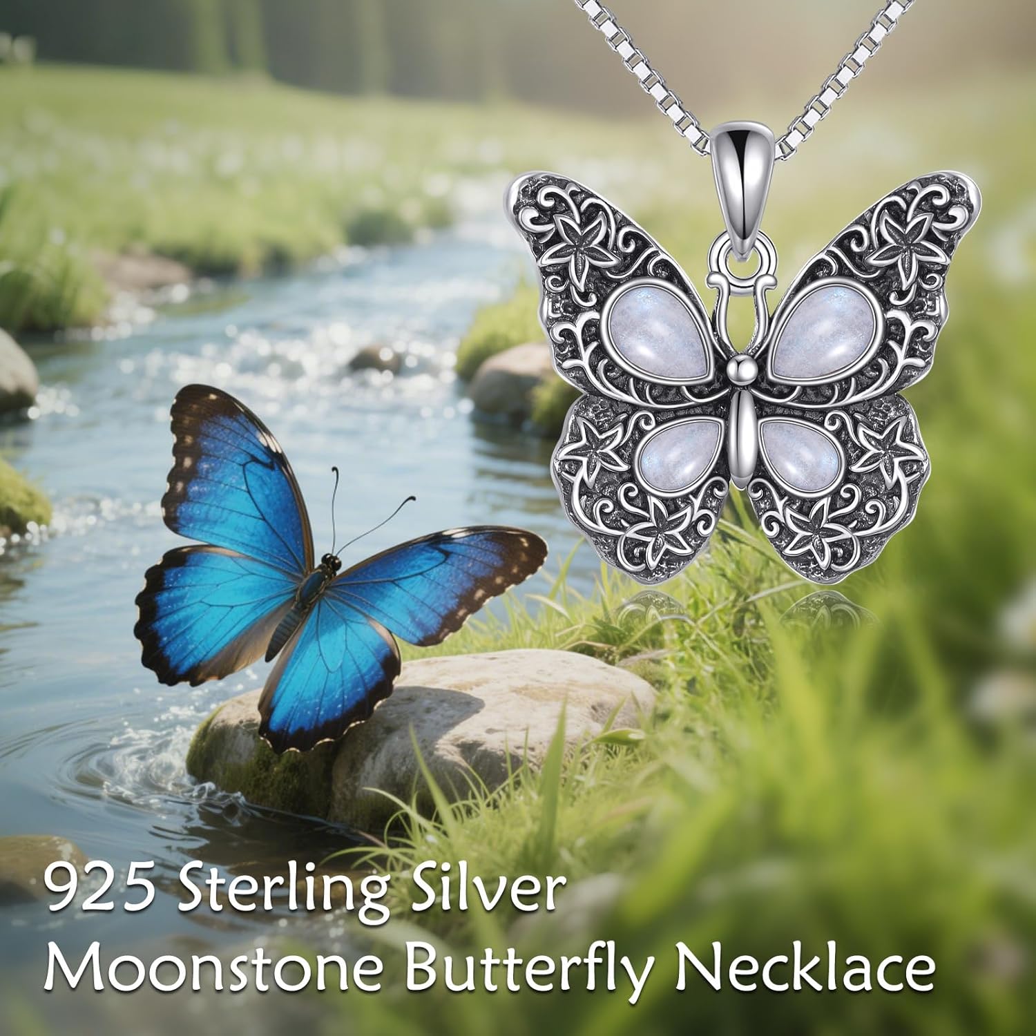 Butterfly Moonstone Necklace, 925 Sterling Silver Vintage Pendant with Natural Gemstone, Boho Hypoallergenic Jewelry Gift for Her - Image 7
