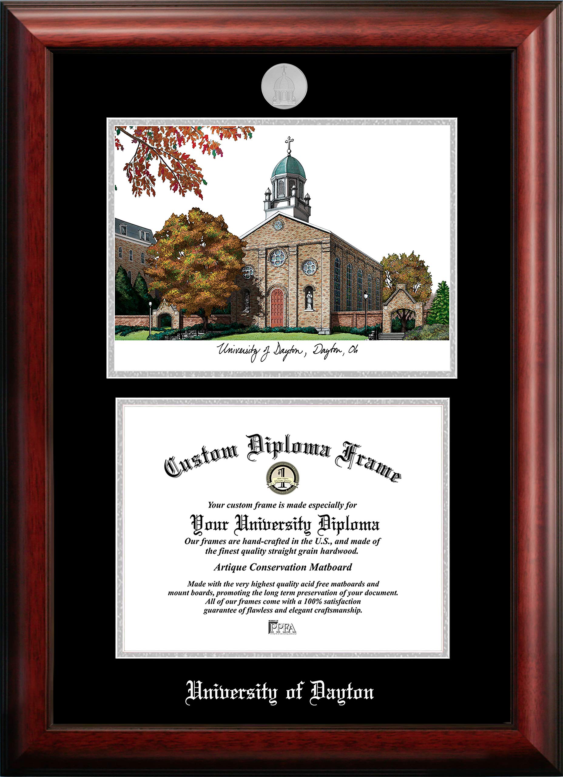 Campus Images NCAA Dayton Flyers Unisex Silver Medallion Frame University of Dayton 11w x 8.5h Silver Embossed Diploma Frame Lithograph, Brown, One Size