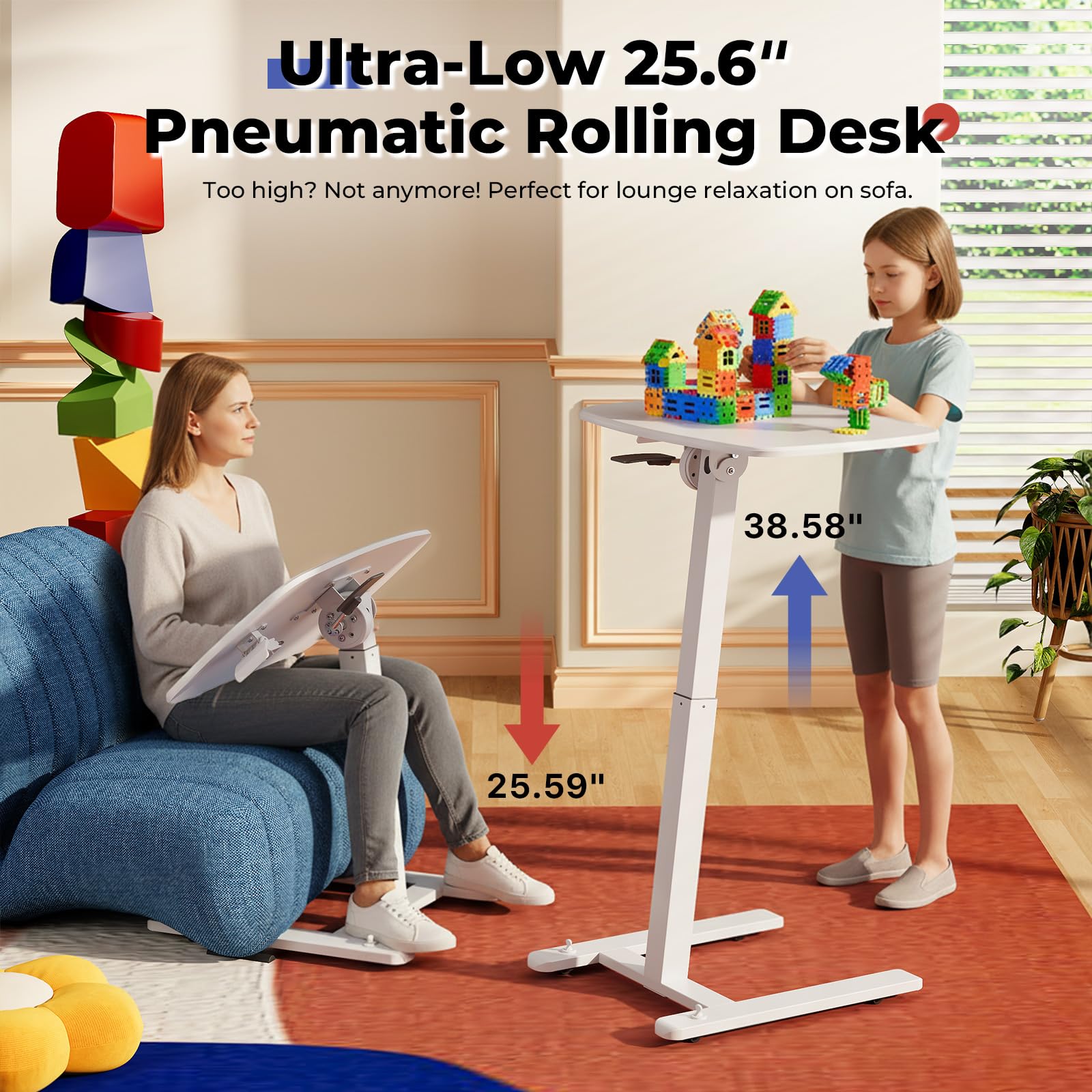 JOY worker Low Height Small Mobile Standing Desk for Couch Height Adjustable TV Tray Table with 90 Foldable — view 3