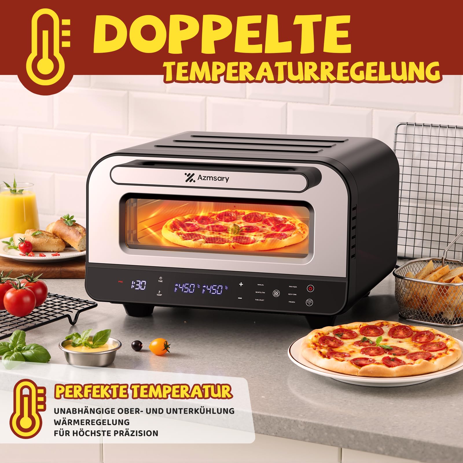 Elektrischer Pizzaofen - 6 Programme, 1700W, max. 450°C, geeignet für 32cm Pizzen - 5-in-1-Multifunktion: Pizza, Grillen, Warmhalten, Backen und Kochen